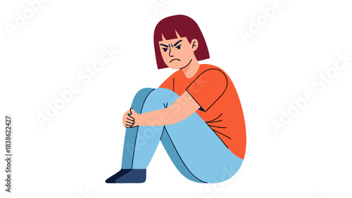 Pixelated Young Woman with Short Brown Hair Orange T Shirt Blue Jeans Crouching and Looking Angry Isolated on Black Background Expressing Frustration
