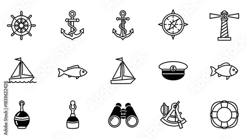 Nautical icon set steering wheel anchor compass lighthouse boats and more