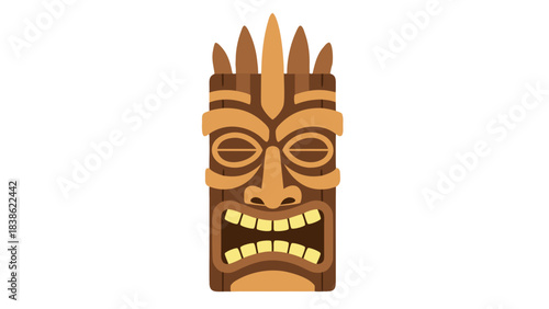 Polynesian Tiki Mask Wooden Carving with Fierce Expression and Detailed Wood Grain Texture on Black Background