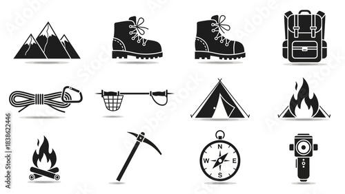 Outdoor adventure equipment and mountain hiking icons set
