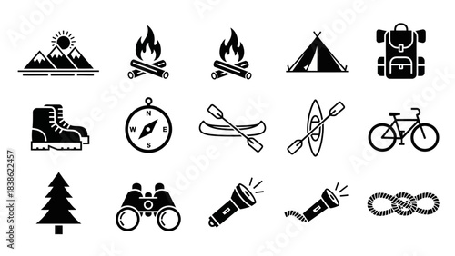Outdoor adventure icon set mountain campfire tent backpack and more