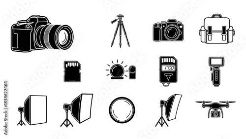 Photography equipment icons camera tripod flash memory card vector set