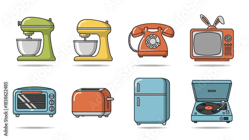 Retro appliances illustration mixers telephone tv oven toaster refrigerator