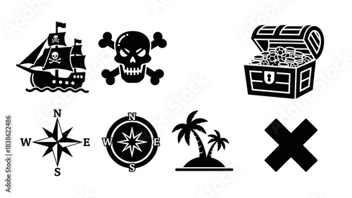 Pirate symbols and icons illustration ship skull treasure compass palm cross