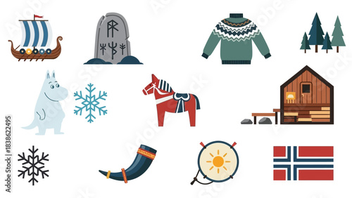 Scandinavian icons vector illustrations of culture and heritage elements