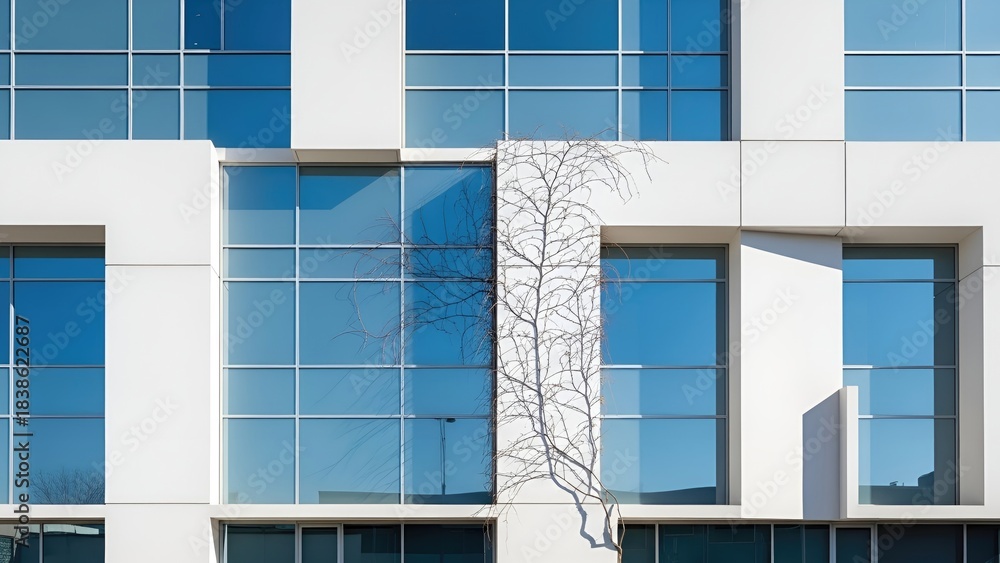Obraz premium Sleek Modern Building Facade with Reflective Blue Glass Windows and Bare Vine