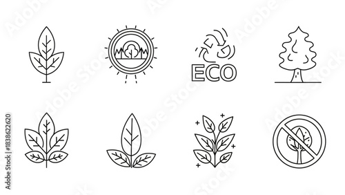 Set of minimalist line art nature icons representing ecological concepts