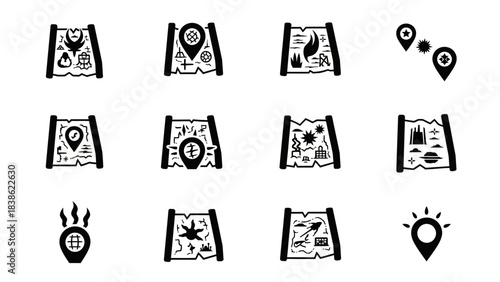 Set of map icons displaying locations and points of interest in various styles