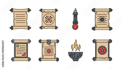 Set of scroll illustrations ancient documents and decorative elements
