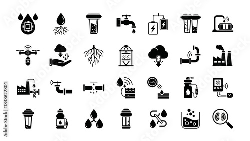 Water technology and filtration icon set sustainable resources and systems