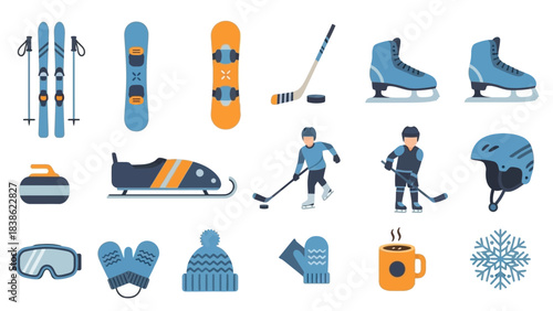 Winter sports equipment and athletes collection vector illustration set