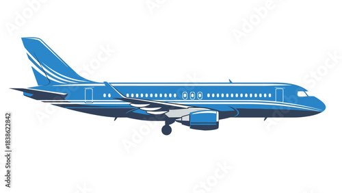 Blue jet airliner illustration in profile view with white markings