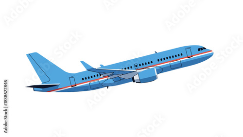 Blue passenger jet taking off against a white background