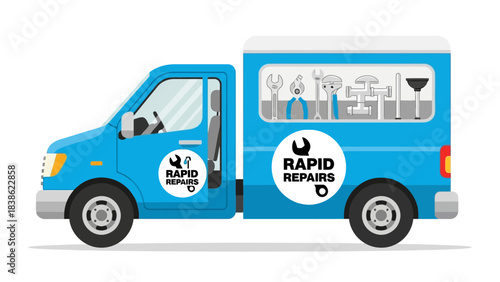 Blue repair van illustration with Rapid Repairs logos and tools in window
