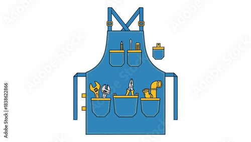 Blue utility apron with pockets holding various yellow hand tools