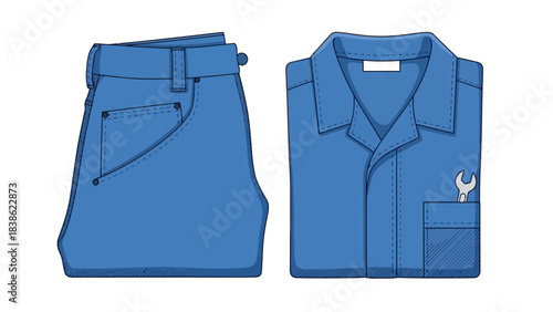Blue work uniform pants and folded shirt with a wrench detail