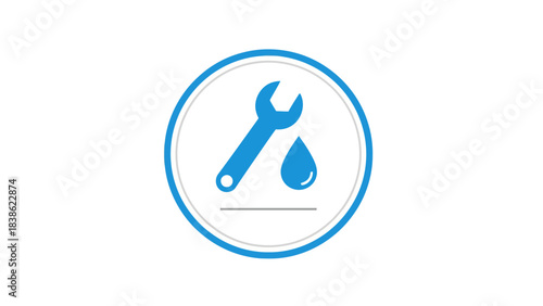 Blue wrench and water drop icon within nested circles on white background