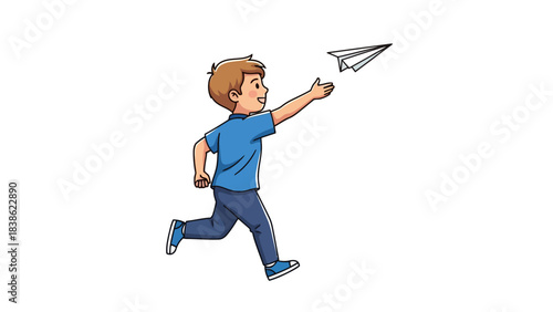 Boy running and throwing a paper airplane against a white background