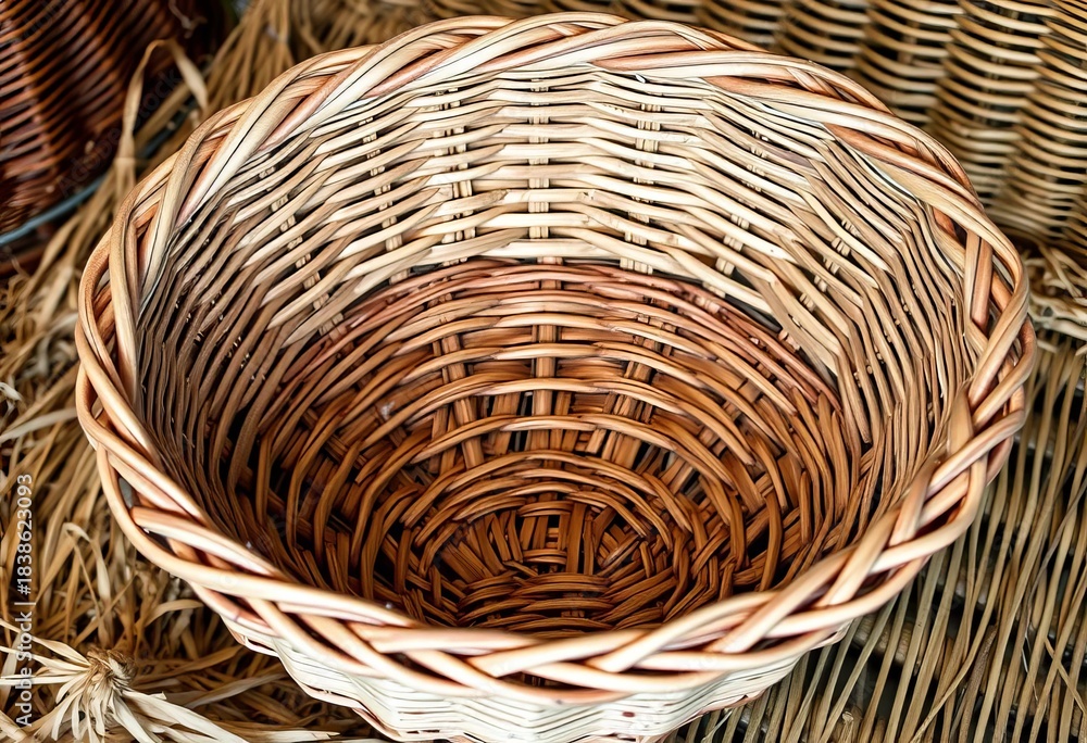 Fototapeta premium Empty woven basket, rustic texture, natural fiber, beige, craft