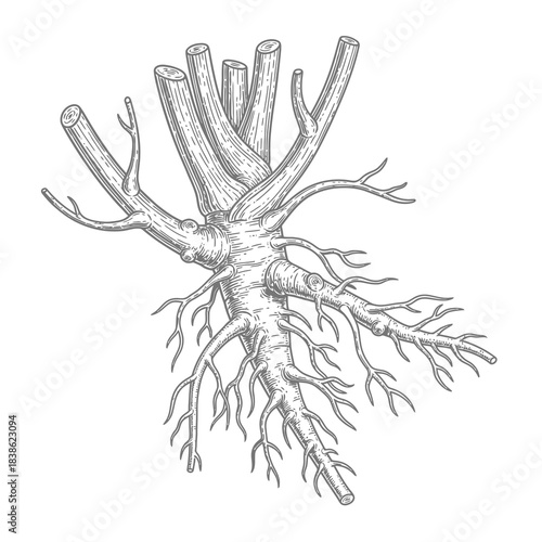 Detailed Etching of a Cut Tree Trunk with Exposed Root System in Gray Tones on White Background