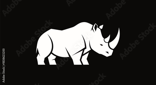 Majestic White Rhinoceros Silhouette on Black Background - A Powerful Wildlife Icon.