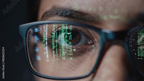 Close-up of a persons eyes with glasses reflecting digital code, symbolizing data analysis and technology.