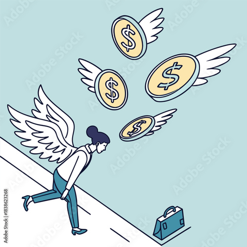 Woman with angel wings chasing flying money business concept of financial loss.