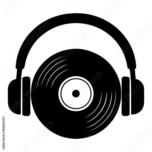 The black and white silhouette of headphones around a vinyl record is nostalgia and musical culture. Suitable for music brands and merch. on a white isolated background. Vector graphics. EPS.