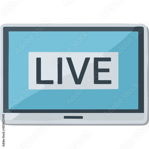 Flat vector icon of a tablet computer displaying the word LIVE in white text on a blue screen set against a solid black background in a simple digital illustration style suitable for broadcast or