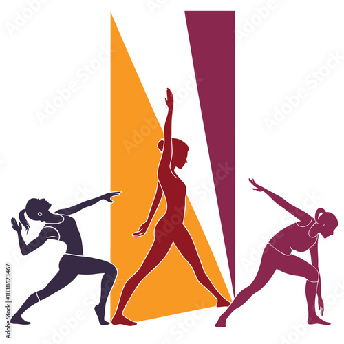 Yoga poses illustration featuring three women in various positions with colorful background.