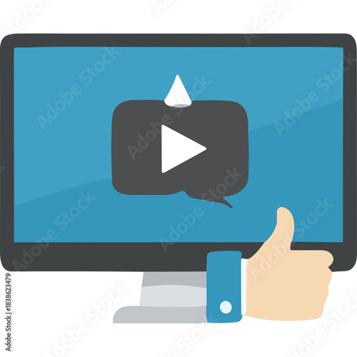 Flat Design Icon Of A Computer Monitor Displaying A Video Player With A Play Button And A Thumbs Up Icon Showing Approval On The Right Side In A Modern Style With Blue And Grey Colors