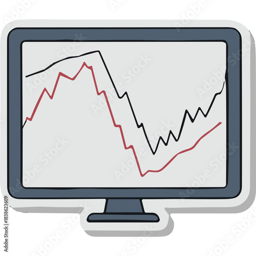 Flat Illustration Of A Computer Monitor Displaying Stock Market Trading Charts And Graphs With Red And Black Lines Indicating Price Fluctuations Against A Light Gray Background