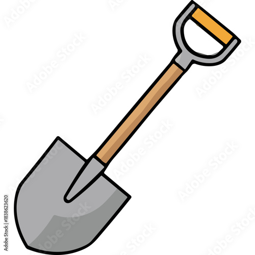 Flat Illustration of a Garden Spade Tool with Wooden Handle and Orange Grip Isolated on Black Background Simple Vector Graphic for Digging and Gardening Tasks