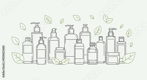 Line art collection of various cosmetic and beauty product bottles with leaves