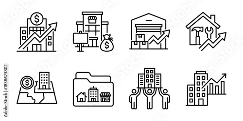 Real estate market and property investment line icons set