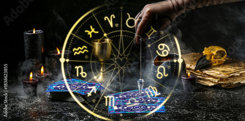 Bilde på lerret Fortune teller using pendulum and tarot cards to read future on dark background