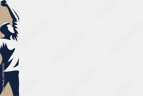 A stylized graphic of a person with an arm raised in a gesture of triumph or reaching, against a white and beige background.