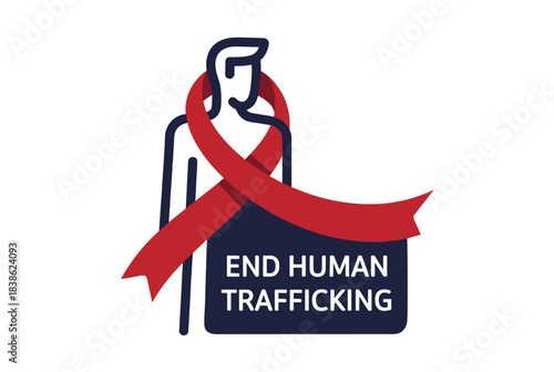 A graphic illustration featuring a stylized human figure with a red awareness ribbon bearing the text 'END HUMAN TRAFFICKING' against a white background.
