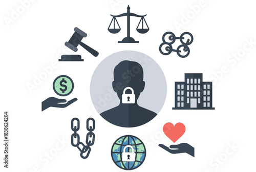 A conceptual illustration depicting a person's restricted freedom or privacy surrounded by icons representing law, finance, technology, government, and social issues.