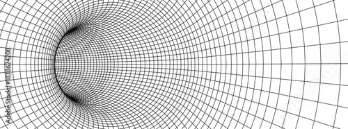Abstract Geometric Grid Tunnel With Warped Lines Creating A Deep 3D Perspective Illusion, Perfect For Futuristic Design, Technology Themes, And Scientific Concepts. Vector Illustration.