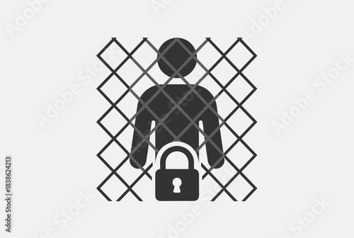 A graphic icon depicting a person's silhouette behind a chain-link fence with a padlock, symbolizing imprisonment or restriction.