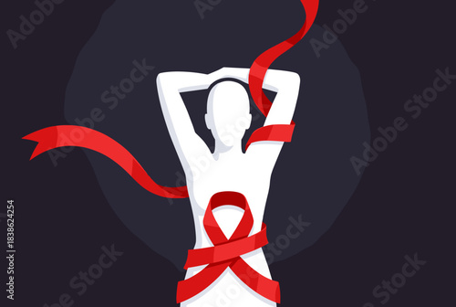 A white human figure with a red ribbon wrapped around, symbolizing AIDS awareness and support.