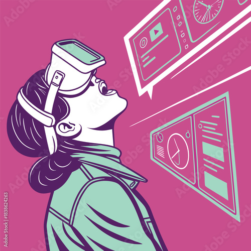 Young person wearing VR headset experiencing virtual reality technology with excitement and wonder.