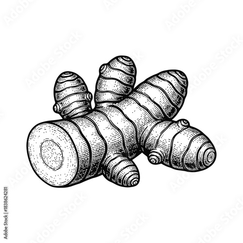 Black and white sketch of a fresh ginger root on a white background isolated food ingredient illustration