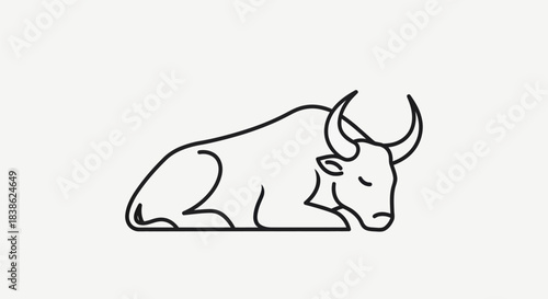 Minimalist Line Art of a Resting Bull with Prominent Horns.