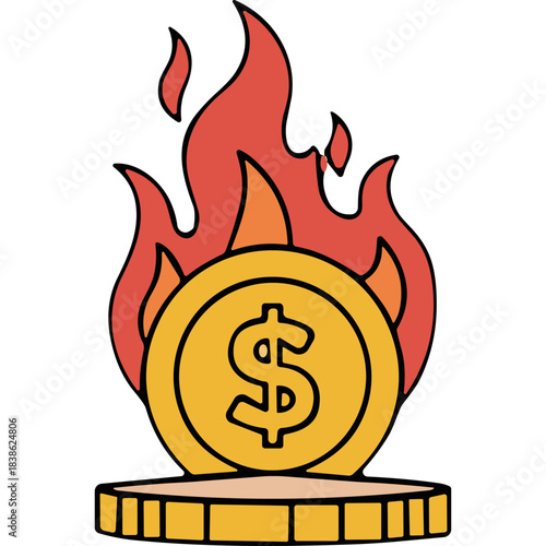 Golden Coin With Dollar Symbol Ablaze In Flames Representing Financial Crisis Or Burning Money On A Pedestal Against A Black Background
