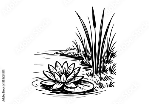 Water Lily hand drawn simple sketch vector illustration