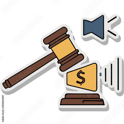 Gavel striking sound amplifier with dollar sign and mute icon representing legal proceedings and financial decisions in a courtroom or auction setting with a dark background and white border