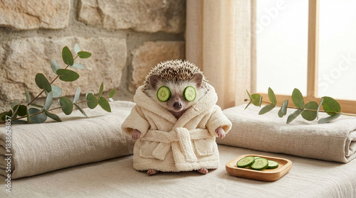 Funny wellness self-care image of a hedgehog at a spa, in a white robe with cucumbers on the eyes. 
