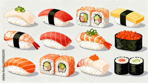 This vibrant illustration displays a variety of Japanese sushi (including nigiri, maki rolls, and tobiko-topped pieces) arranged neatly, featuring fresh ingredients like salmon, avocado
